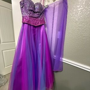 Cache Glittering Purple and Pink Prom Gown